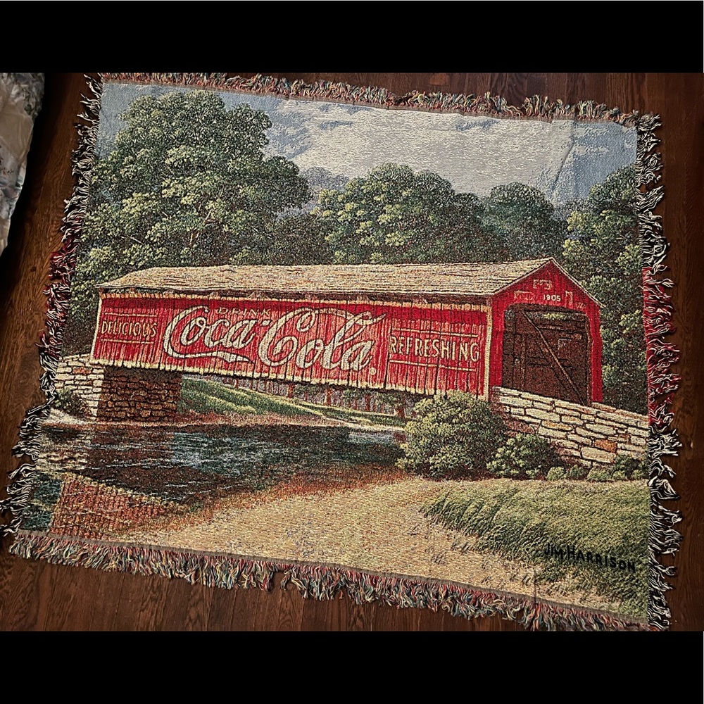 Coca-Cola Covered Bridge by Jim Harrison Tapestry Throw and Pillow